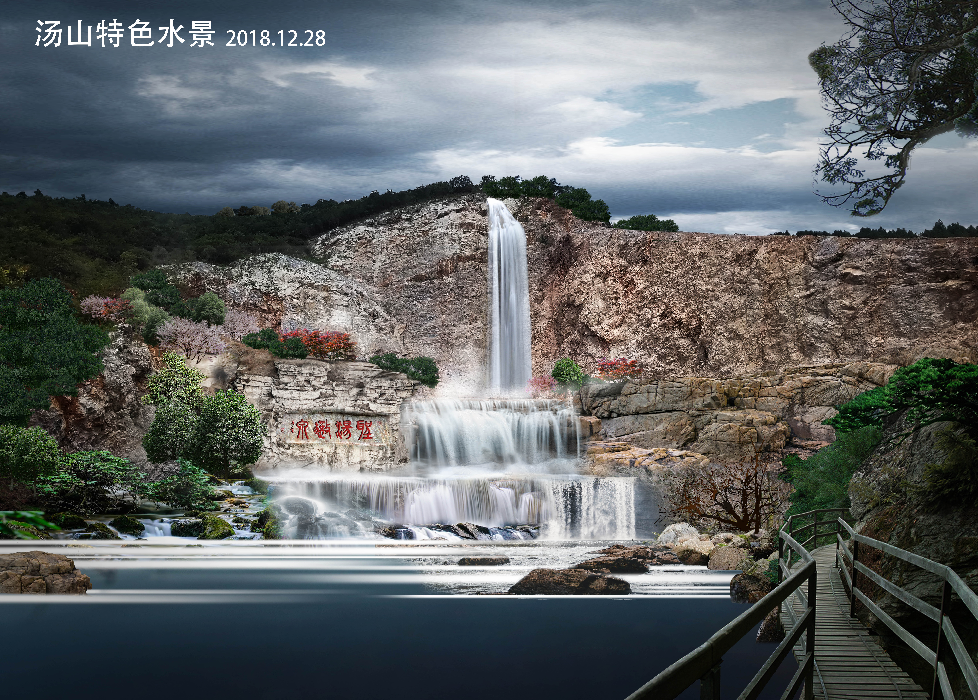 客家风雨桥特色假山瀑布水景